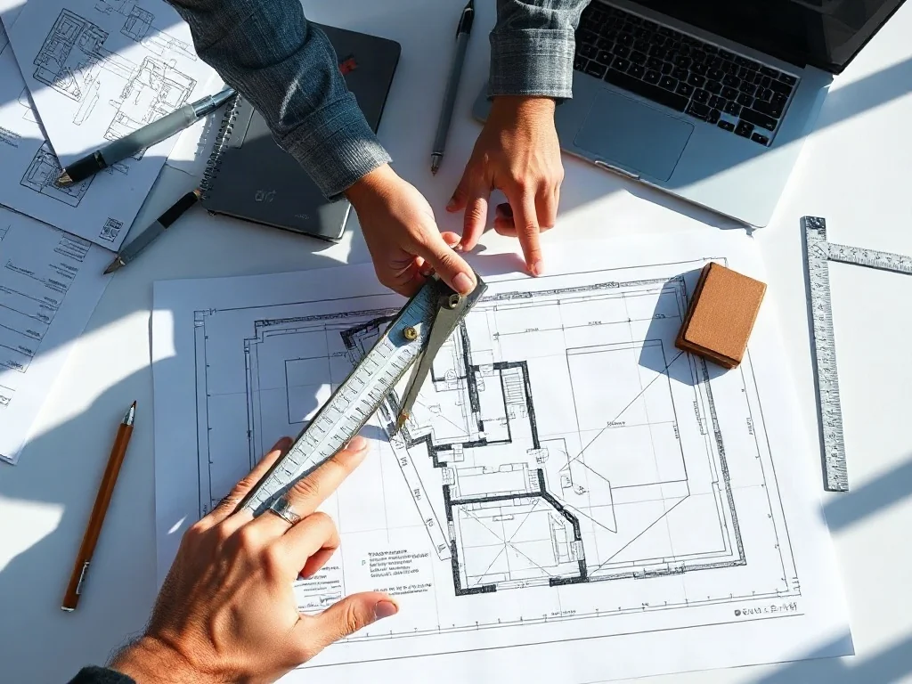 Architekt analizuje szczegółowy plan sytuacyjny na desce kreślarskiej przy użyciu cyrkla i profesjonalnych narzędzi.