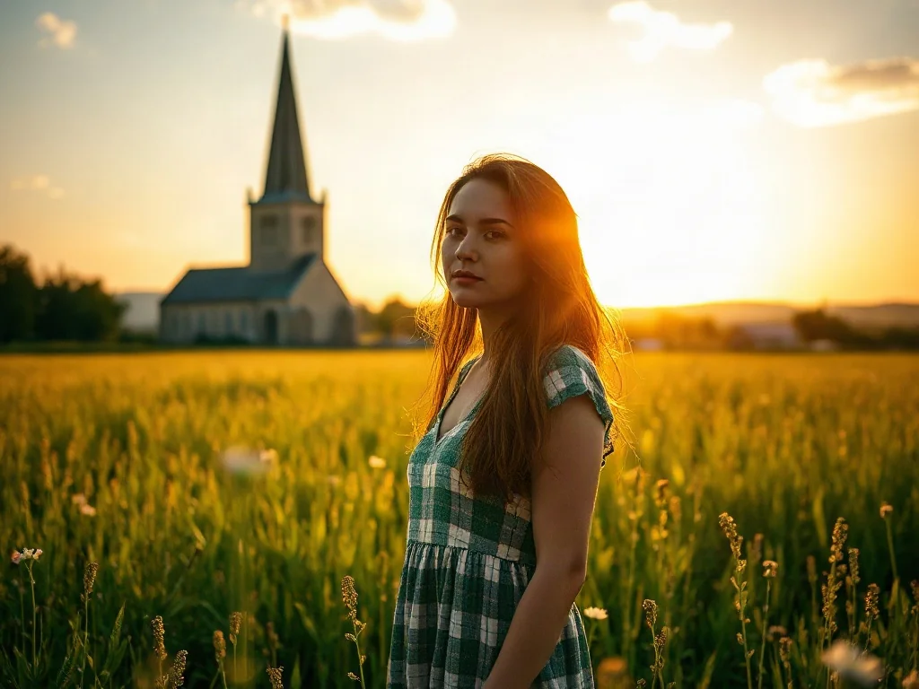 Kobieta stojąca w polu kwiatów na tle wiejskiego kościoła w ciepłym, letnim świetle, nawiązującym do święta 15 sierpnia.